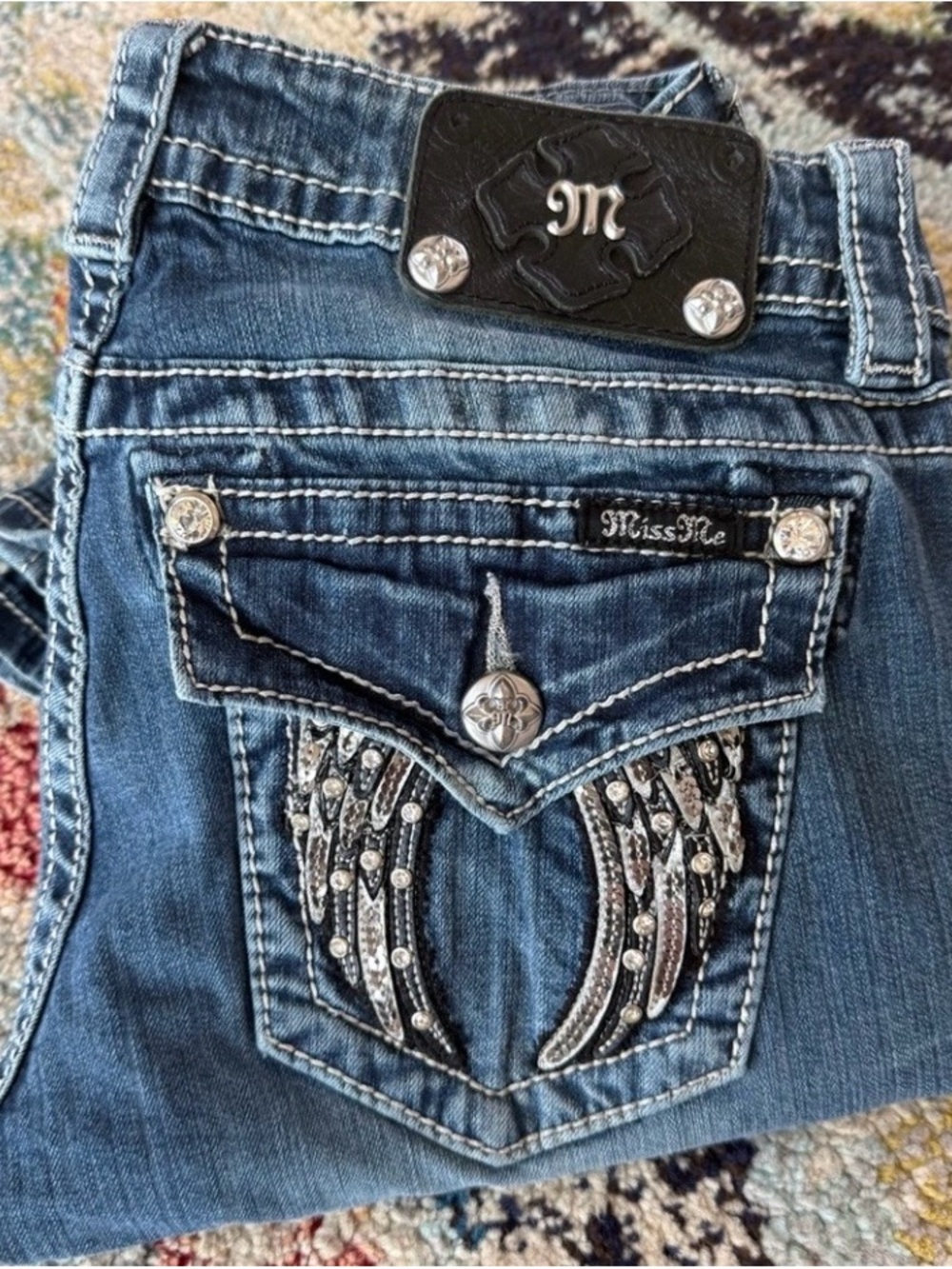 Miss Me Angel Wing Rhinestone Flap Pocket Bootcut Jeans